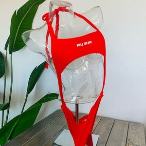 Full Send red one piece bathing suit
